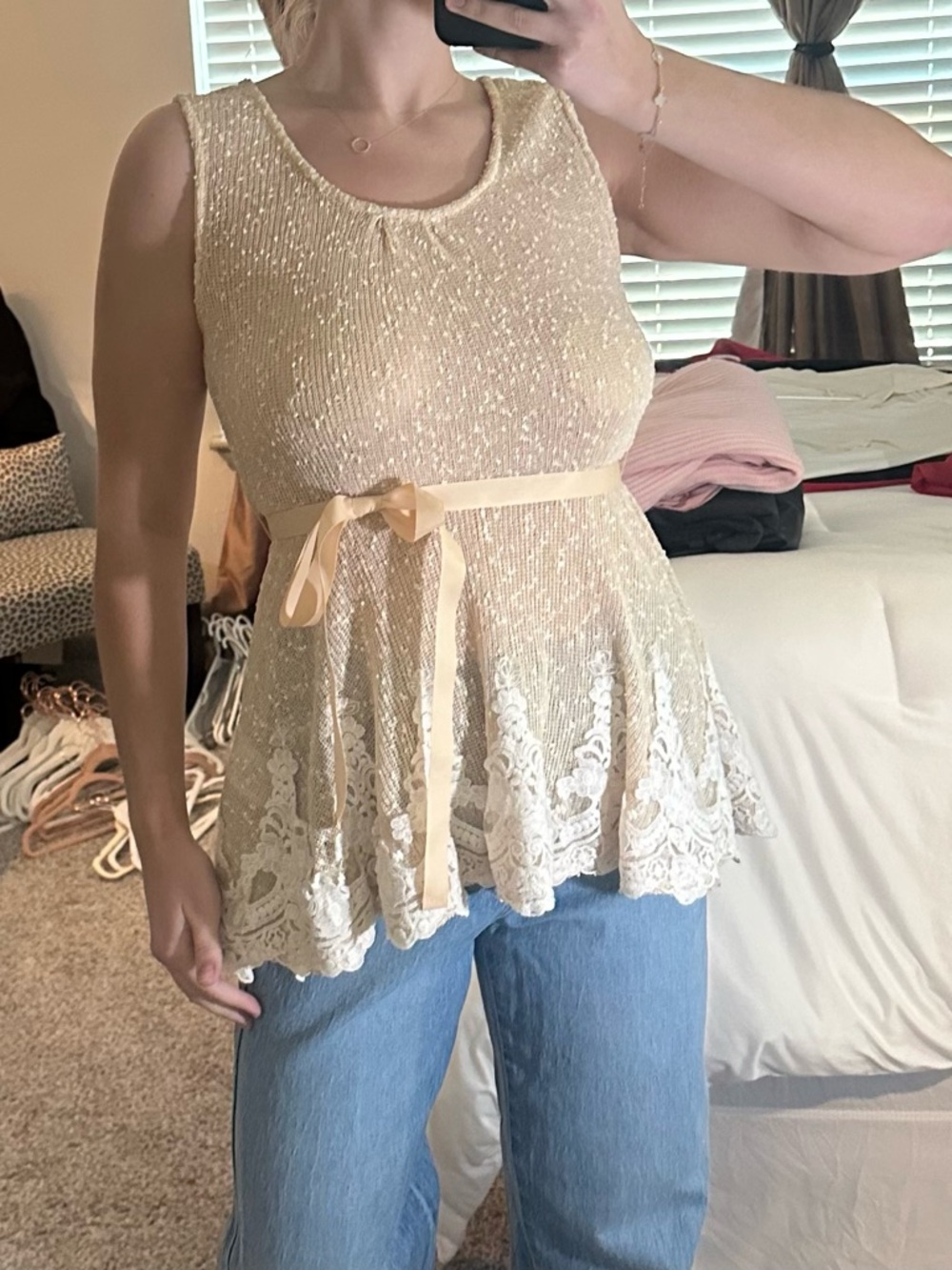 Areve Cream Lace Peplum Tank with Ribbon Waist